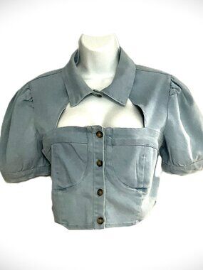 Thrill Jeans Blue Denim Puff Sleeve Crop Top Size L India